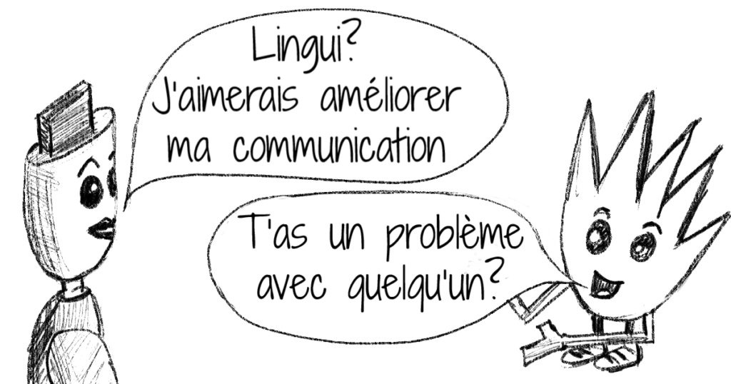 dessin au crayon de lingui et stick qui discutent de communication