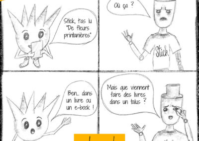 mini bande dessinée de 4 images faites au crayon gris illustrant 2 personnages, Lingui et Stick, héros de l'anti-communication