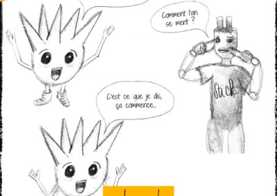 mini BD de 3 dessins de personnages fait au crayon papier avec dialogue humoristique