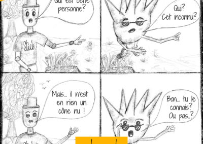 mini BD de 4 dessins au crayon papier mettant en scène 2 personnages et leur malentendu