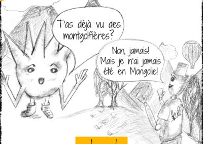 Image au crayon gris représentant 2 personnages sur fond de montagnes qui ont des problèmes à se comprendre