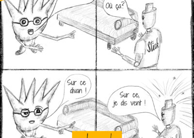 Bande dessinée de 4 images au crayon gris représentant une scène avec 2 personnages fictifs qui mettent en lumière leur incompréhension de communication