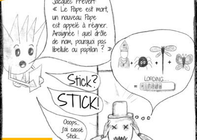 MIni BD de 2 dessins au crayon, qui met en situation Lingui et Stick est leur problème de communication