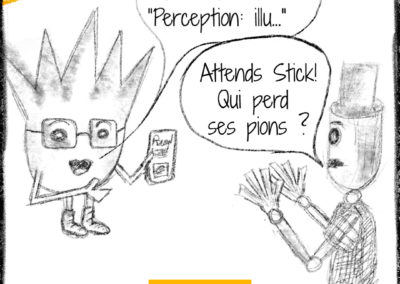 2 images représentant des personnages, Lingui et Stick, qui essaient de communiquer mais n'arrivent pas