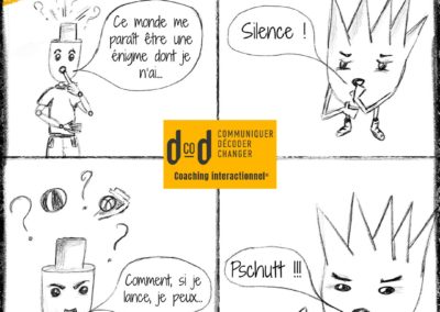 mini BD de 4 cases, faites en dessin avec 2 personnages, Lingui et Stick qui essaient tant bien que mal de discuter ensemble