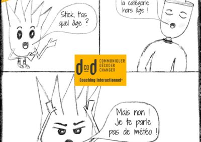 mini BD, faites en dessin avec 2 personnages, Lingui et Stick qui essaient de discuter ensemble